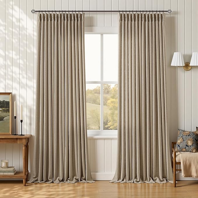 96 Inch Pinch Pleated Linen Curtains 2 Panels Dark Flax Brown Cottage Memory Shape Semi Sheer Pleat Textured Drapes for Living Dining Room Bedroom Tan Light Filtering Window Curtains 40 Inch Width