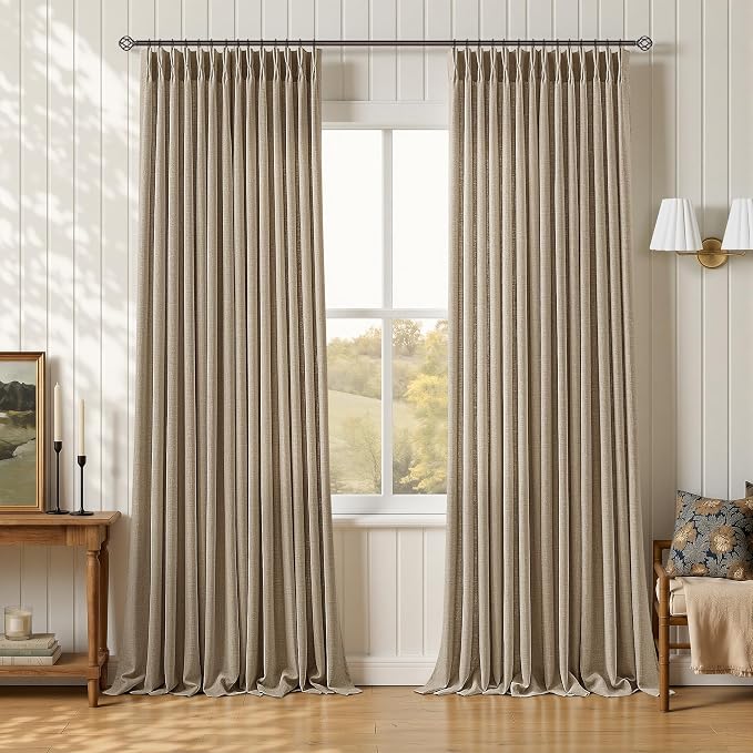 Pinch Pleated Thick Linen Curtains 102 Inch Light Filtering Sheer Neutral Boho Back Tab Window Curtains for Living Room Patio 102 Inches Dark Flax Brown Pinch Pleat Sliding Door Drapes 2 Panels