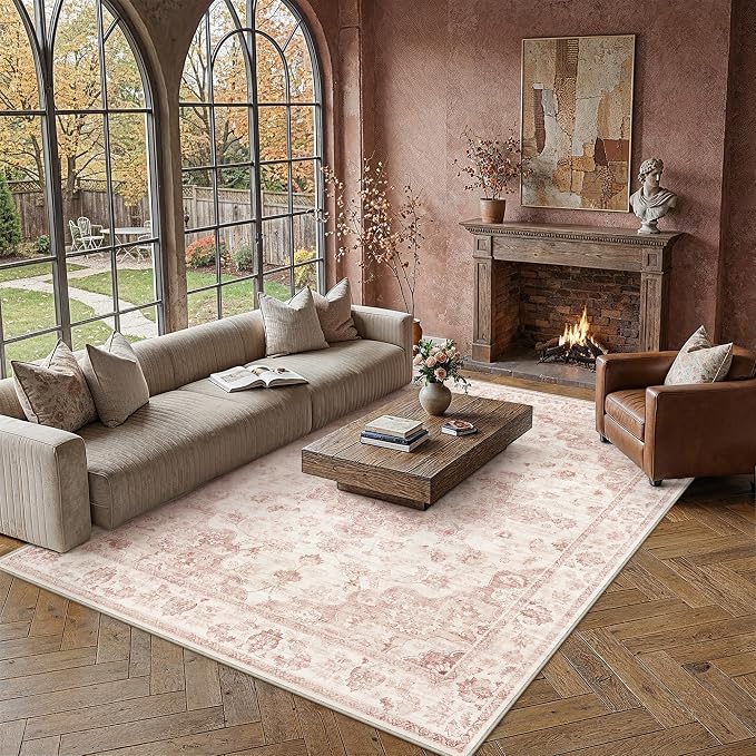 9x12 Neutral Area Rug Pink Vintage Living Room Bedroom Washable Carpet Non-Slip Soft Low Pile Farmhouse Indoor Large Throw Rug for Dining Room Office