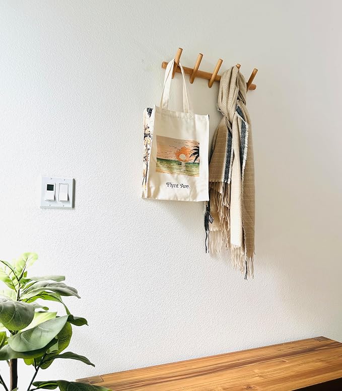Modern 5-Hook Wooden Coat Rack, Decorative Coat Rack wall Mount for Bags, Hats, Purse, Heavy Duty, Sturdy, Natural Oak, wall Mounted Hooks