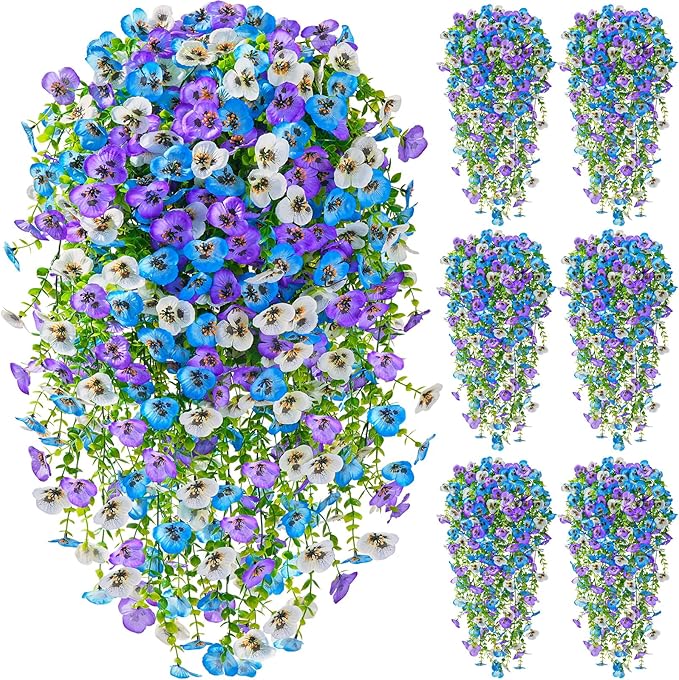Serwalin Artificial Fake Hanging Flowers for Outdoors Planters,6PCS UV Resistant Faux Pansy Spring Flowers for Outside Porch Patio Garden Window Box (Blue Purple White)