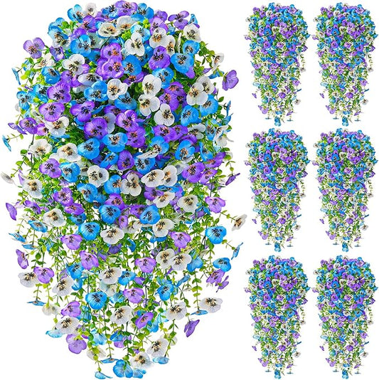 Serwalin Artificial Fake Hanging Flowers for Outdoors Planters,6PCS UV Resistant Faux Pansy Spring Flowers for Outside Porch Patio Garden Window Box (Blue Purple White)