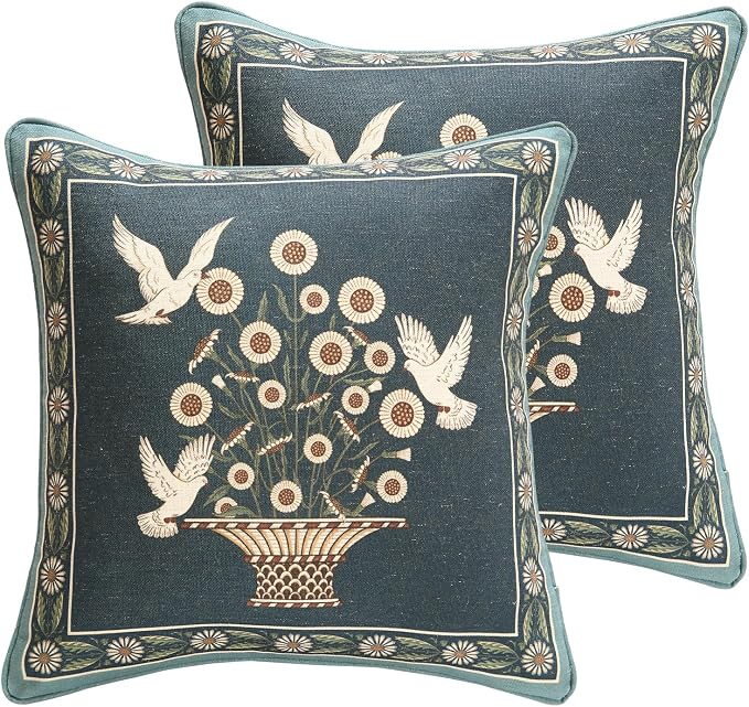 bilin gaier Green Throw Pillow Covers Set of 2,French Farmhouse with White Birds and Flowers Pattern Linen Pillowcases,Decorative Square Pillows Cushion Covers for Couch Sofa Bed Chair,18x18 Inches