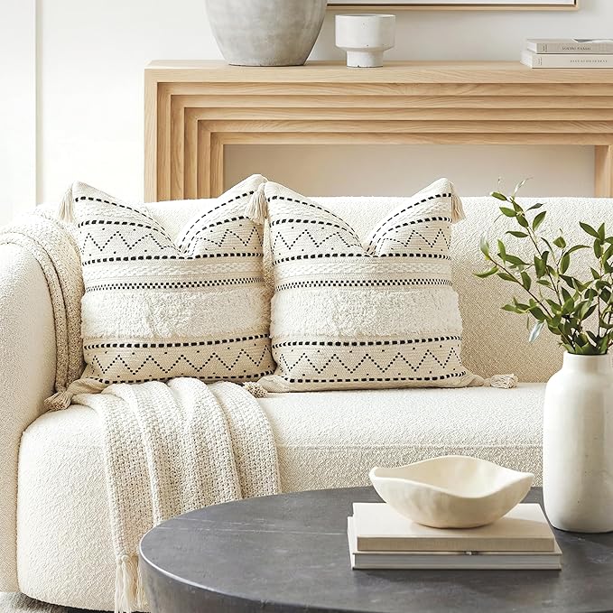 BlissBlush Decorative Throw Pillow Covers 18x18 Combo Set of 2 Square Boho Black Neutral Accent Pillowcase Tassels Farmhouse Cushion for Couch Sofa Bedroom Living Room Home Décor Cover ONLY
