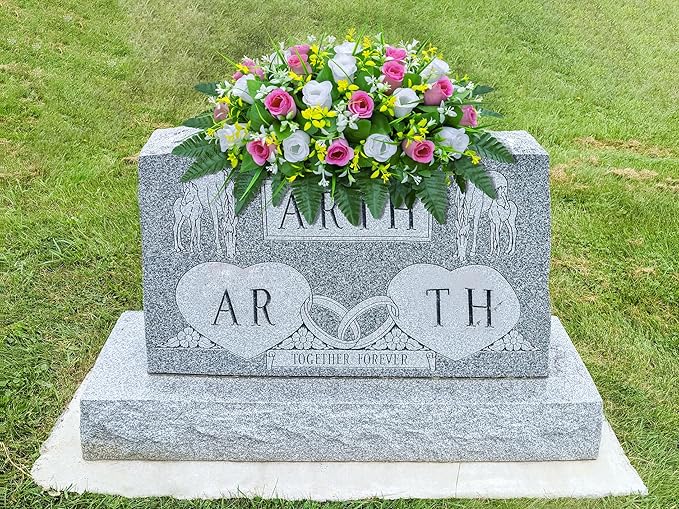 LVXINLI Artificial Cemetery Flowers Saddle-Shaped Tombstone Decorations Non-Fading UV-Resistant（Pink+White Saddle ）