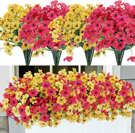 Geegoods Artificial Mums Flowers for Outdoors, 16 Bundles UV Resistant Fake Plastic Rose and Yellow Flowers for Patio Porch Spring Summer Decor