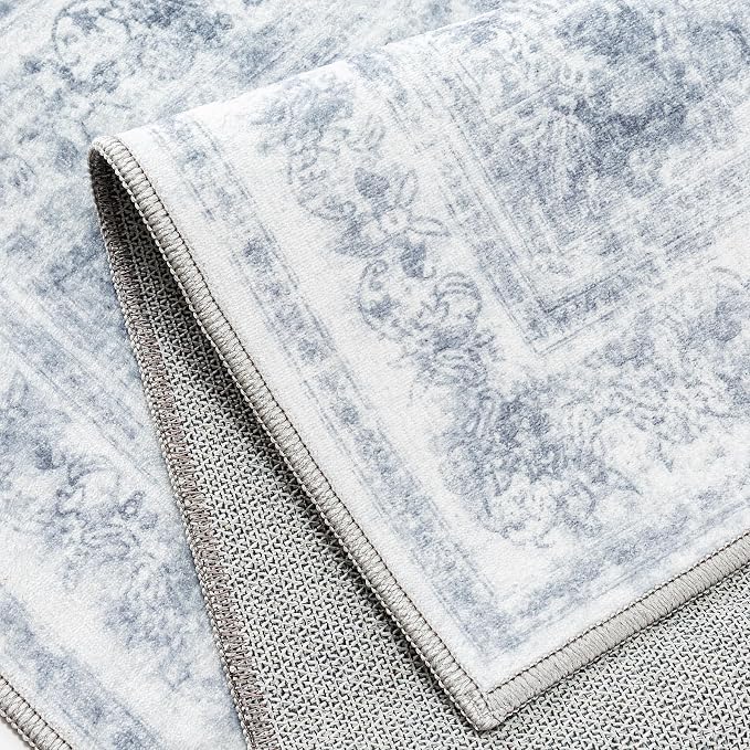 PureCozy Washable Rug 9x12 Area Rug for Living Room Blue Vintage Boho Medallion Large Distressed Retro Carpet Non Slip Indoor Low Pile Small Soft Bedroom Dining Room Home Office