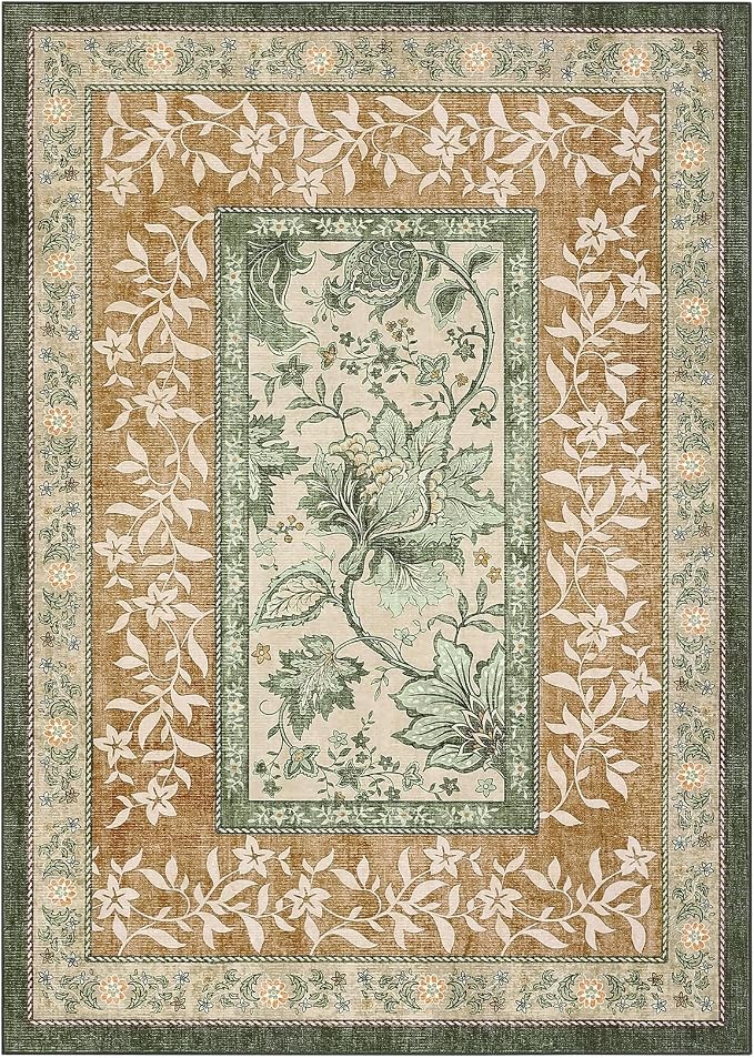 GarveeHome Terracotta Olive Sage Green Washable 6x9 Area Rugs, Botanical Grove Vintage Cottagecore Non-Slip Rug for Living Room Bedroom Nursery Kitchen Low-Pile Retro Large Carpet