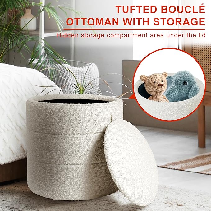 HomePop Storage Round Ottoman with Removable Lid |Homepop Home Décor|Upholstered Round Foot Rest Ottoman - Cream Boucle