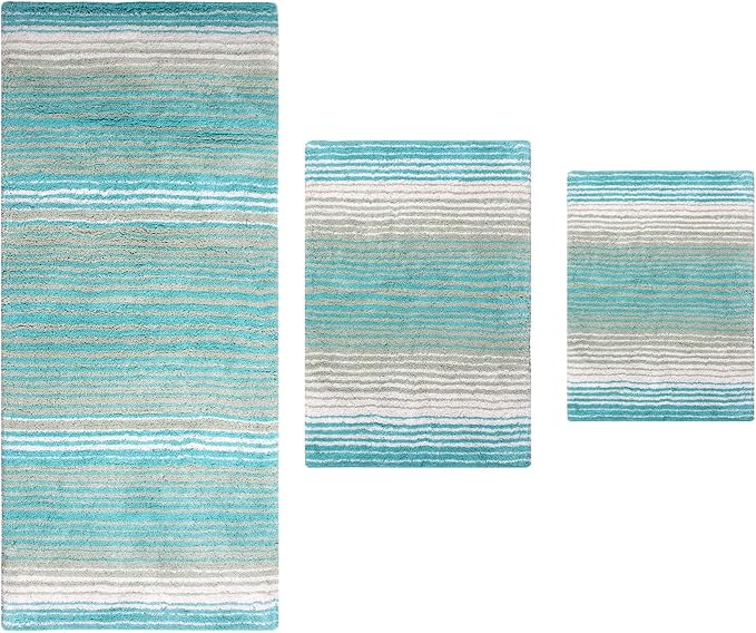 Home Weavers 100% Cotton Gradiation Collection Bathroom Décor, Washable Rug, Bathroom Mat, Kitchen Mat, Bathroom Rug Set, Bath Mat Set, Bath Floor Mat Non Slip, 3 Piece Set with Runner, Turquoise