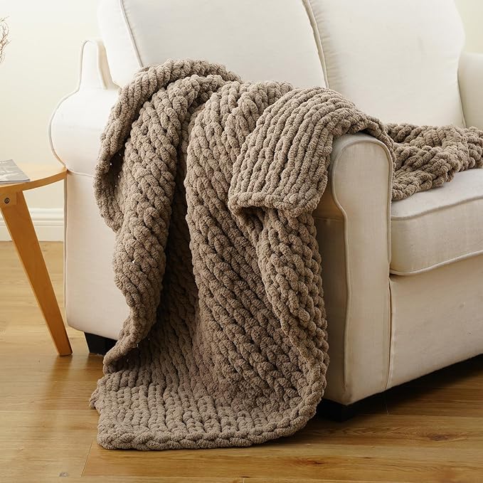 Battilo Beige Chunky Knit Throw Blanket, Soft and Thick Taupe Chenille Throw Blanket, 50"x60" Handmade Cable Knit Crochet Blanket, Cozy Knot Knitted Throw Blankets for Couch Home Decor, Taupe