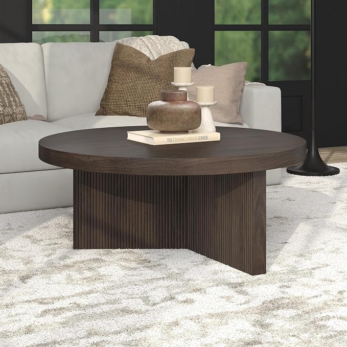 Henn&Hart 36" Fluted Round Low-Profile Coffee Table with Ribbed Pedestal Base Living Room, Family Room, or Office, Rich Brown