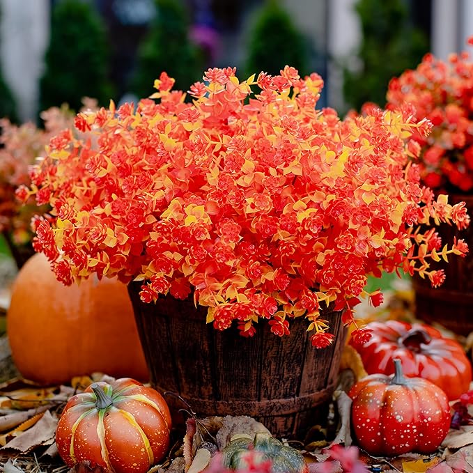 AXYLEX Artificial Fall Flowers Outdoor Fake Mums - 12 Bundles Fake Plants UV Resistant No Fade Faux Plastic Greenery Garden Porch Patio Fall Home Decor (OrangeYellow)