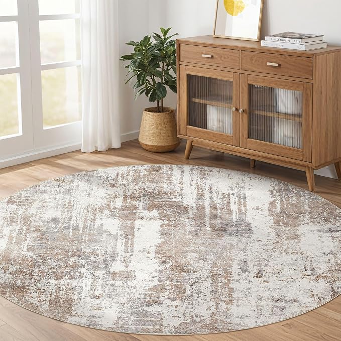 Round Rug Living Room Rugs: 6Ft Washable Circle Large Abstract Modern Soft Stain Resistant Non-Slip Indoor Floor Thin Carpet for Bedroom Nursery Office Dining Room Dorm Home House- Brown