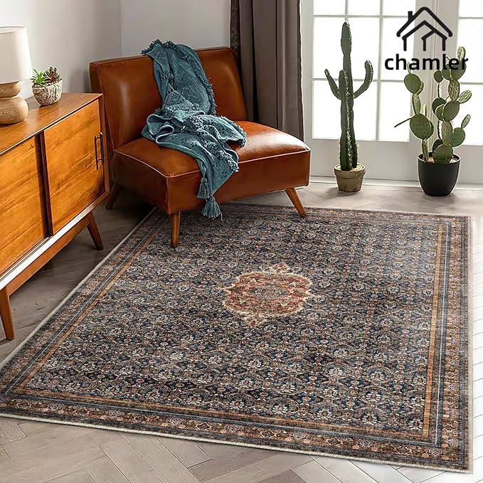 chamler 3x5 Washable Area Rug Thin Vintage Tangerine Traditional Floor Cover Foldable Indoor Distressed Non Slip Carpet Floral Print Mat Rugs for Bedroom Living Room Bathroom