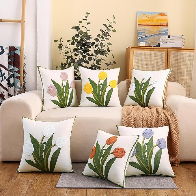 Purple Tulip Flower Pillow Covers 18x18 inch Pack of 2 Embroidery Throw Pillow Covers Spring Summer Pillow Covers for Couch Cotton Canvas Cushion Cover Square Farmhouse Floral Decor Pillow Case