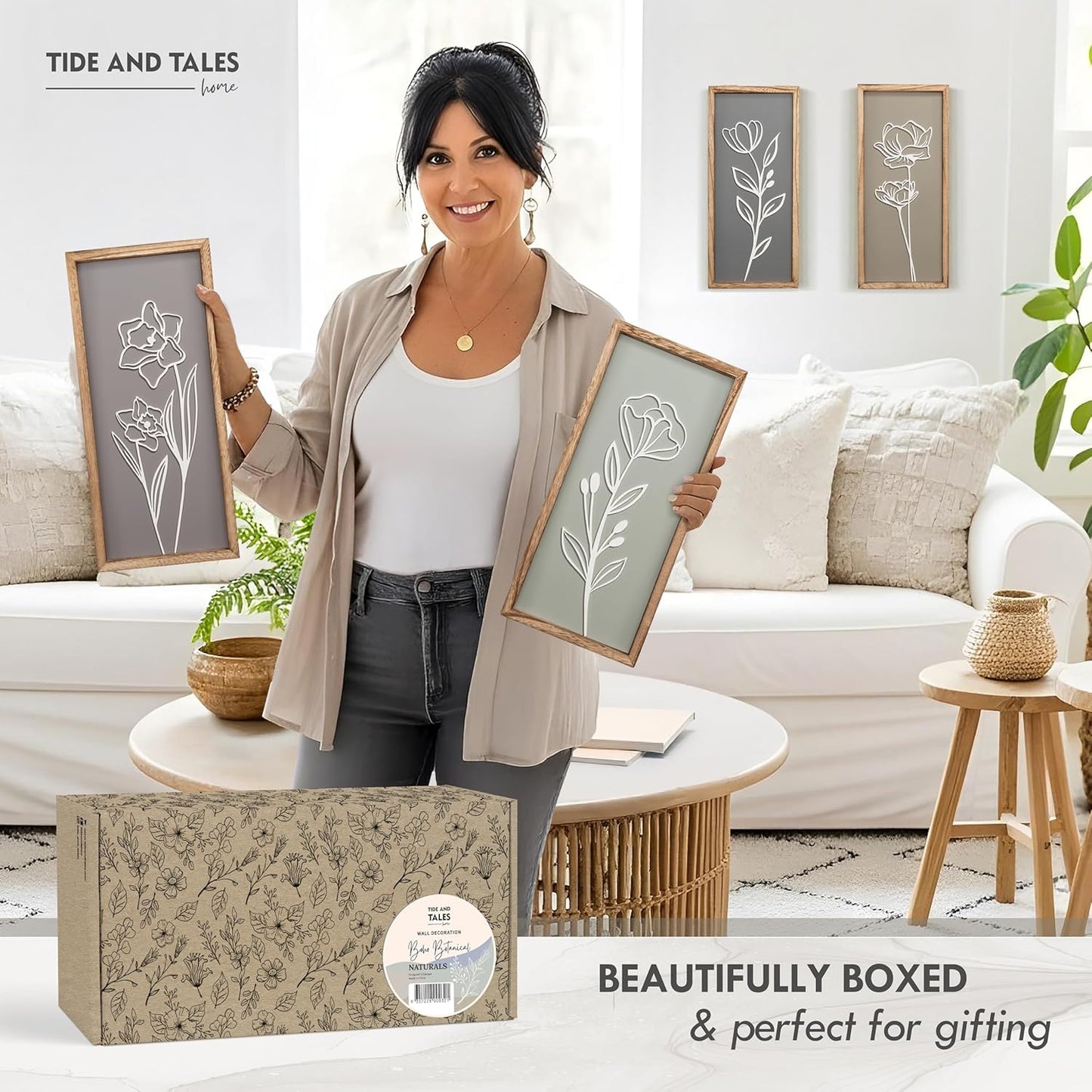 3D Wooden Floral Bathroom Wall Decor (Set of 4) Lightweight, Ready-to-Hang Framed Wall Art For Living Room, Bedroom, or Office - Premium Boho Botanical Farmhouse Decorations - Gift-Boxed