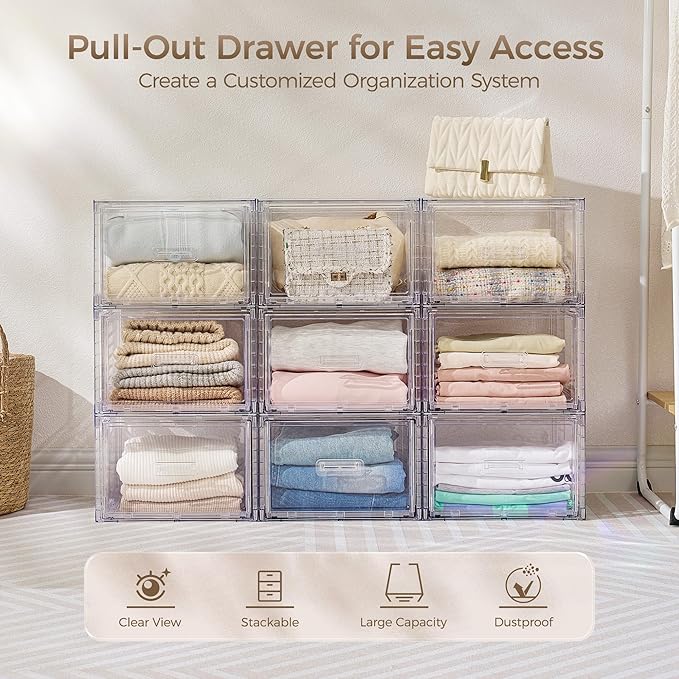 Vtopmart 4 Pack 18QT Clear Stackable Storage Drawers,Easily Assemble Closet Organizers,Plastic Storage Bins for Bathroom,Cabinet,Kitchen Pantry,Under Sink Organization(Medium)
