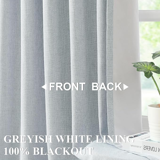 Vision Home Blue Fog Pinch Pleated Full Blackout Curtains Linen Blended Room Darkening Window Curtains 112 inch for Living Room Bedroom Thermal Insulated Pinch Pleat Drapes with Hooks 60" Wx112 Lx1