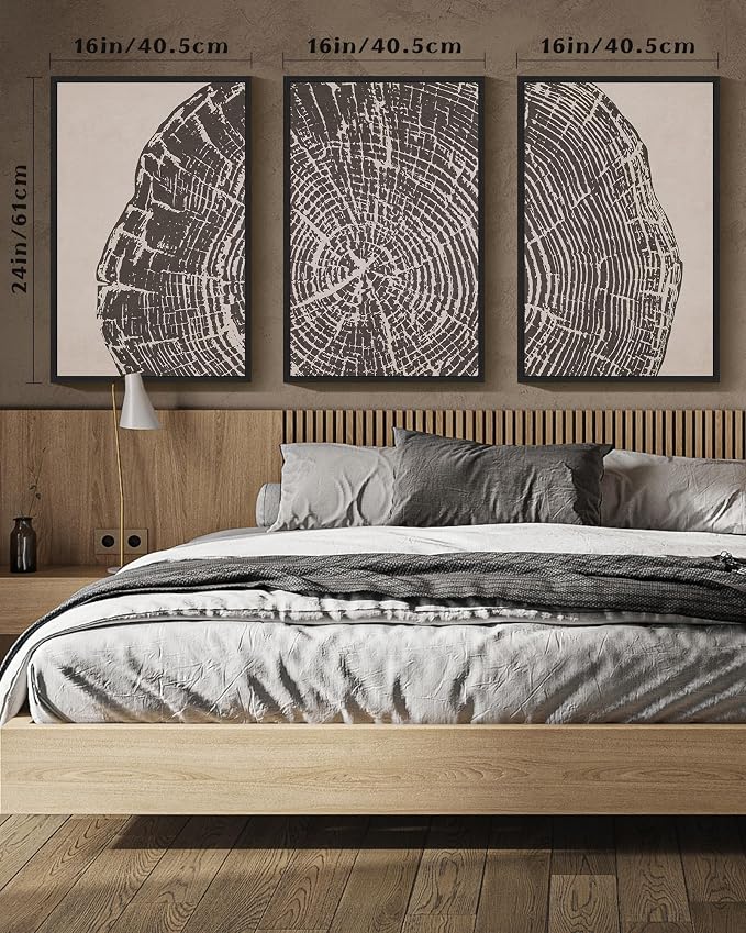 PHOPAGO Farmhouse Vintage Framed Wall Art Large 16x24in Set Gray Wood Tree Ring Spirals Nature Abstract Drawings Rustic Modern Art Decor for Living Room Bedroom - Black Framed