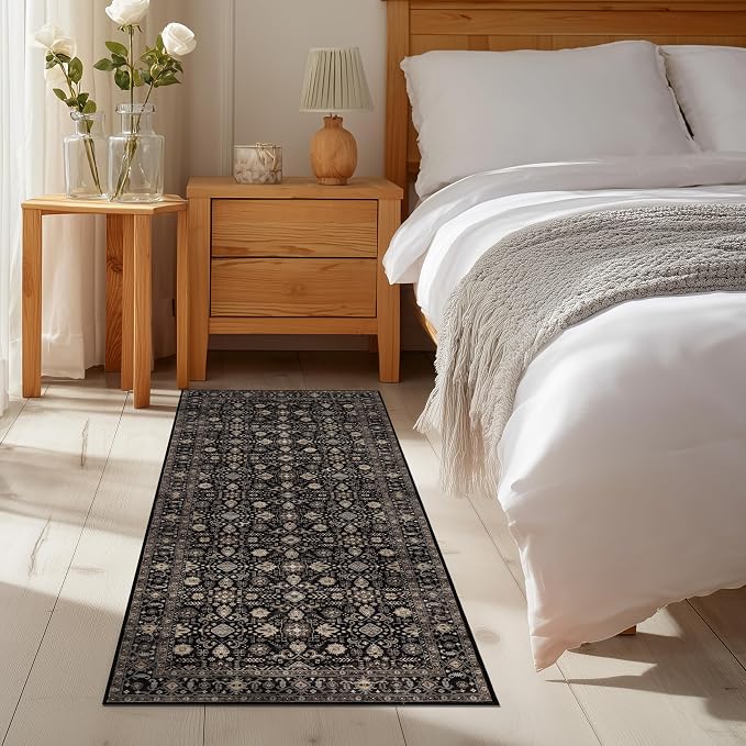 Ruaruarug Washable Area Rug Runner 2×6 for Kitchen Living Room Bedroom, Ultra Soft Non Slip Stain & Fade Resistant, Pet & Kids Friendly, Suitable for High Traffic Areas Easy to Clean, Black Gold