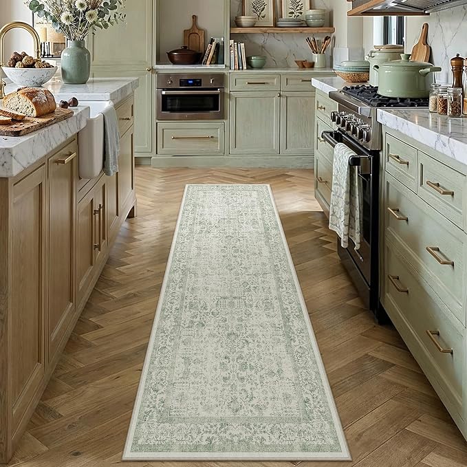 PureCozy Runner Rug 2x8 Sage Green Hallway Washable Vintage Distressed Kitchen Carpet Non Slip Neutral Low Pile Retro Floral Farmhouse Long Throw Rug Entryway Bathroom Office Laundry Dining Room