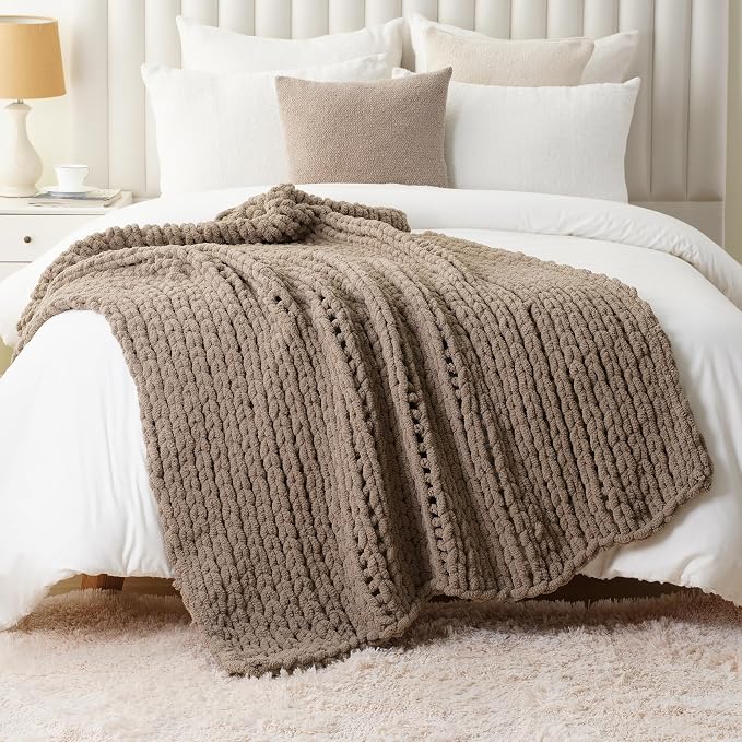 Battilo Beige Chunky Knit Throw Blanket, Soft and Thick Taupe Chenille Throw Blanket, 50"x60" Handmade Cable Knit Crochet Blanket, Cozy Knot Knitted Throw Blankets for Couch Home Decor, Taupe