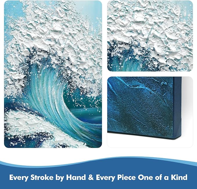 Large Abstract Blue Ocean Wave Wall Art, 3D Textured Vertical Oil Painting | 24x36 In Hand-Painted Canvas Textured Ocean Waves Wall Decor for Living Room Bedroom Office, Minimalist Coastal Artwork