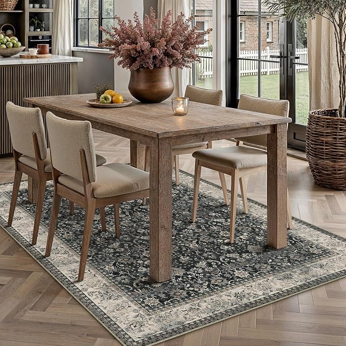 HUGEAR 3x5 Machine Washable Rugs Black Beige Hallway Area Rug Indoor Accent Rug Floral Low Pile Carpet Soft Throw Rug Bedroom Living Room Office Dining Room Kitchen Laundry Room Non Slip