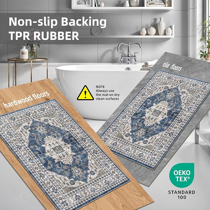 3 Pieces Kitchen Rug Sets: Farmhouse Washable Non-Slip Floor Mat for Sink Stove & Fridge Area Water Resistant Carpet for Laudry Room Entryway Soft Cozy Runners for Kids Pets Family(2x3+2x4+2x5,Blue)