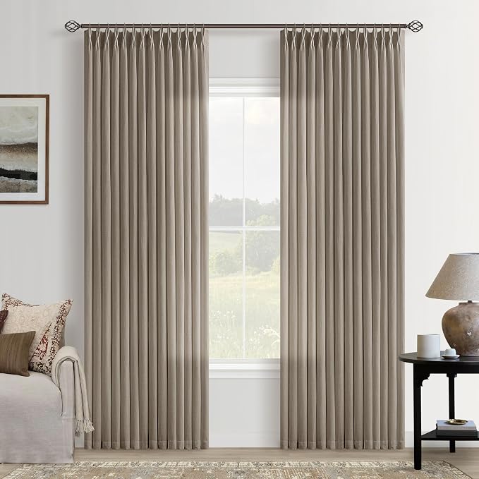 Taupe Linen Curtains Pinch Pleated 84 Inch Length for Living Room Bedroom 2 Panels Neutral Farmhouse Burlap Light Filtering Pinch Pleat Drapes Semi Sheer Dark Flax Window Curtain Grey Beige Greige