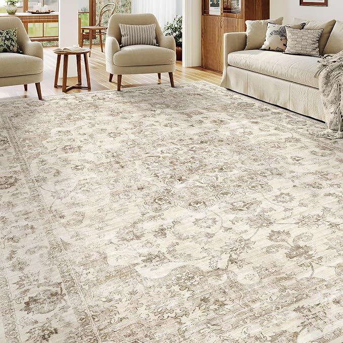 8x10 Washable Neutral Area Rug Beige Vintage Living Room Bedroom Carpet Non-Slip Soft Low Pile Farmhouse Indoor Large Throw Rug for Dining Room Office
