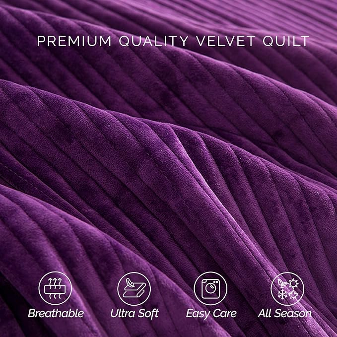 Elegant Comfort Luxury 3-Piece Velvet Corduroy Stripe Quilt Set, Ultra Soft Bedspread - Cozy Velvet Coverlet Set - 3PC Medium Weight Quilted Set with Matching Pillow Shams, California King, Purple