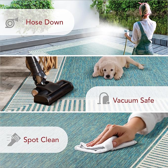 Nuloom Asha Teal/Ivory, 6'7" x 9', Casual, Striped Border, Soft and Cozy, High Traffic, Easy Clean, Durable Area Rug for Indoor/Outdoor Patio, Deck, Porch, Garden, Courtyard