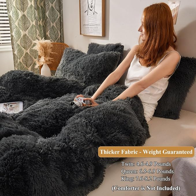 XeGe Plush Shaggy Duvet Cover Set, Luxury Ultra Soft Crystal Velvet Fluffy Bedding Sets 3 Pieces(1 Furry Faux Fur Comforter Cover + 2 Fuzzy Faux Fur Pillowcases), Zipper Closure(Queen, Dark Gray)