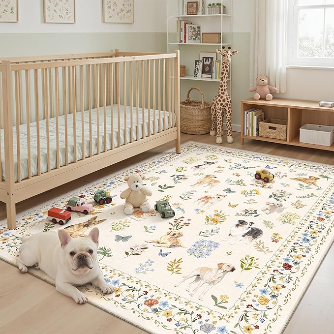 Soalmost Dog 5x7 Area Rugs for Living Room, Machine Washable Animal Floral Vintage Rug Non-Slip Low Pile Soft Throw Rugs for Kitchen Dining Room Bedroom Nursery Playroom (5 x 7,Beige)