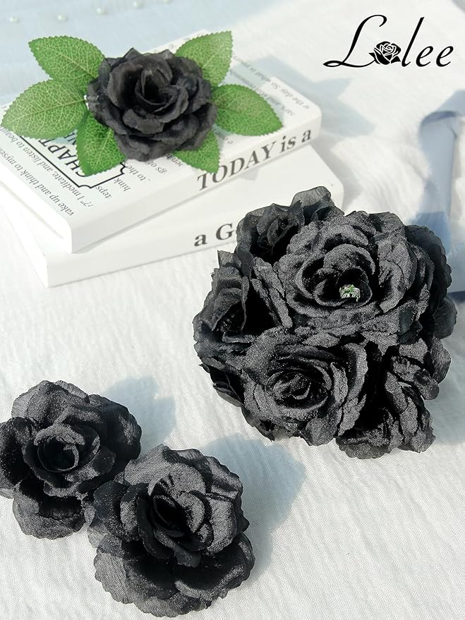 LELEE Rose Head Flowers with Stem - 108pcs Black Roses Artificial Flowers Bulk - Silk Rose Fake Flower for Bridal Gothic Wedding Bouquet Party Home Decor DIY Centerpieces Hotel Decorations
