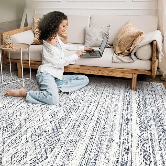 Tortania Area Rug Living Room Rugs- 10x13 Washable Large Soft Neutral Boho Moroccan Bohemian Farmhouse Rug Indoor Floor Carpet for Bedroom Under Dining Table Home Office Decor - Dark Blue