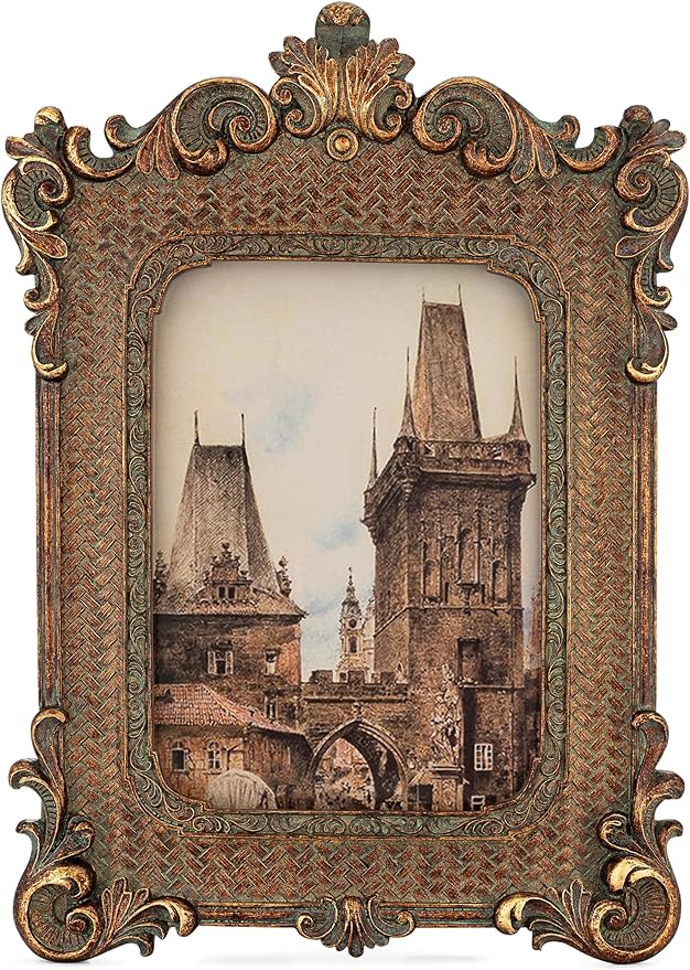 5x7 Picture Frame - Gothic Vintage European Design, Antique Baroque Style Photo Frame for Wall Hanging, Tabletop Display, and Home Decor (Bronze)