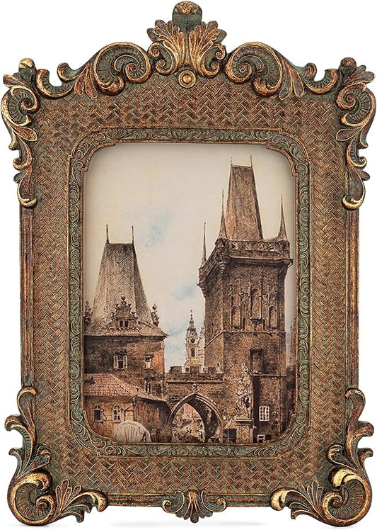 5x7 Picture Frame - Gothic Vintage European Design, Antique Baroque Style Photo Frame for Wall Hanging, Tabletop Display, and Home Decor (Bronze)