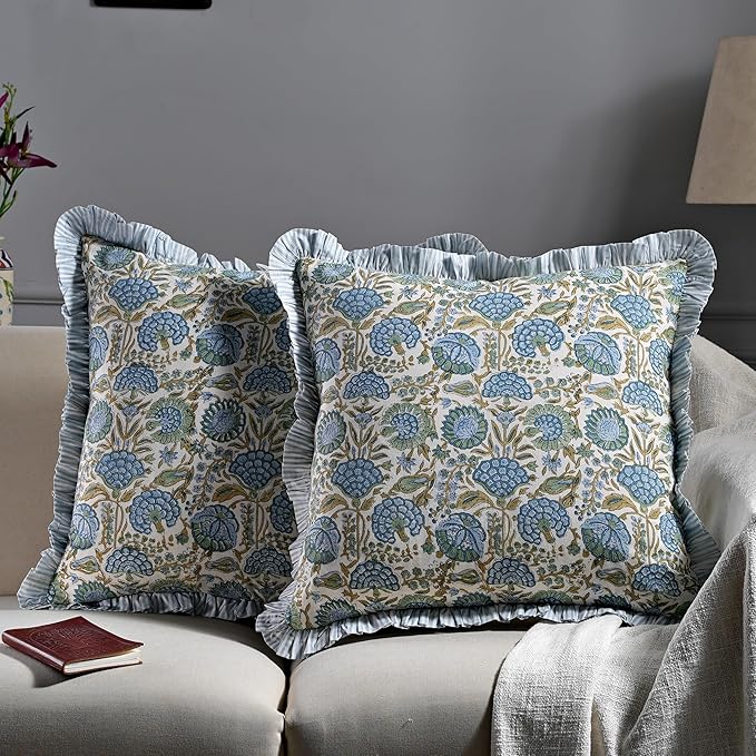 Ridhi Block Print Asparagus Green Throw Pillow Cover 16" x 16" (Pack of 2) Decorative Cushion Covers with Ruffle for Couch, Sofa, Bed, Living Room, Home Decor Gift for Spring, Easter, Valentine