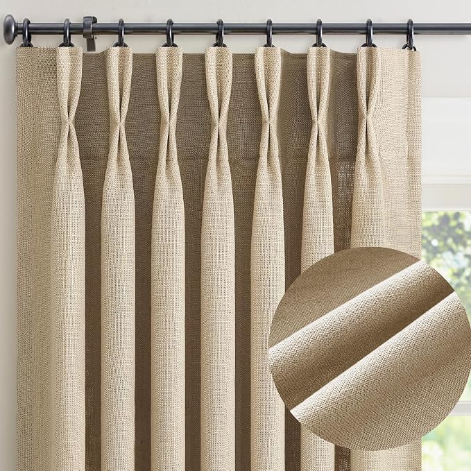 Custom Made Rustic Pinch Pleated Linen Curtains 102 Inches Long for Living Room Bedroom Netural Textured Linen Back Tab Light Brown Memory Trained Pleat Drapes Ceiling Floor Semi Sheer Sliding Door