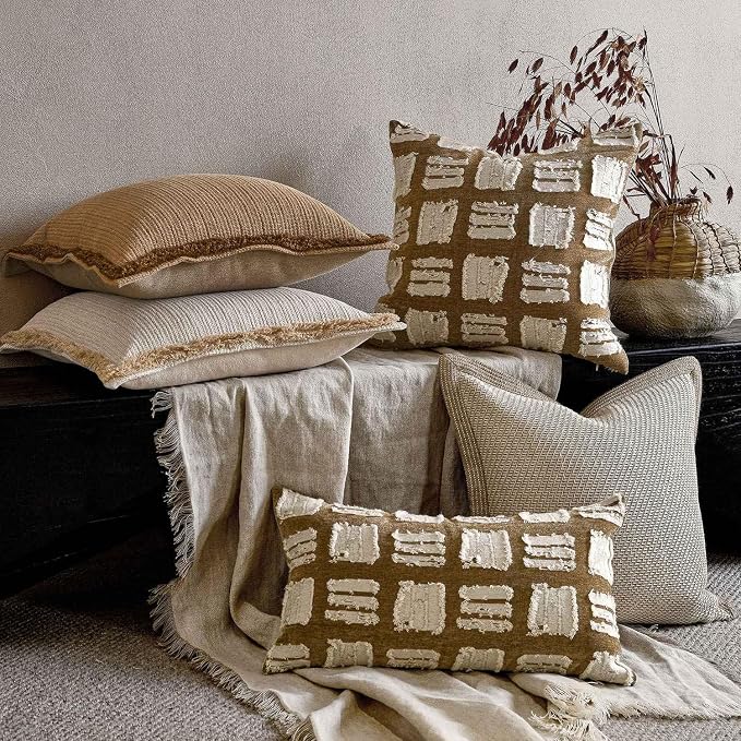 Boho Throw Pillow Covers 18x18, Brown White Abstract Grid Pillowcases, Decorative Pillows Cushion Cases for Sofa Bed Living Room