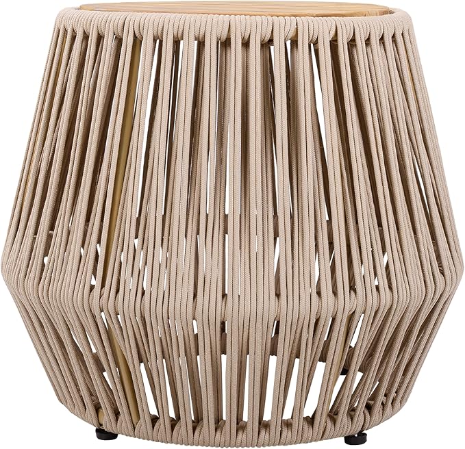 Christopher Knight Home Norshire Outdoor Side Table with Rope Base, Acacia Wood End Table, Round Patio Table, Accent Table for Garden Balcony Poolside and Indoor Use, Garden Stool, Beige+Light Teak