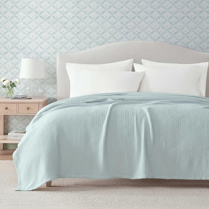 Martha Stewart - King Bed Blanket, 100% Cotton Textured Basket Weave Bedding, Breathable & Lightweight Blanket for Couch or Bed, Bedford Tile Blue