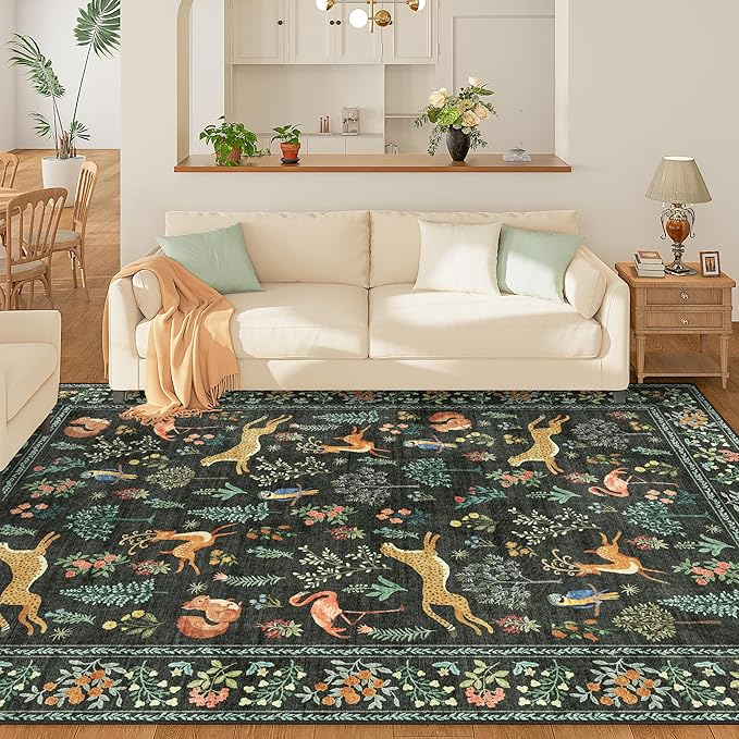 DUKINO 9x12 Rug, Washable Animal Living Room Rug with Non Slip Vintage Design, Soft Low Pile Large Carpet for Bedroom, Nursery, Dining Room, Farmhouse, Playroom, Black