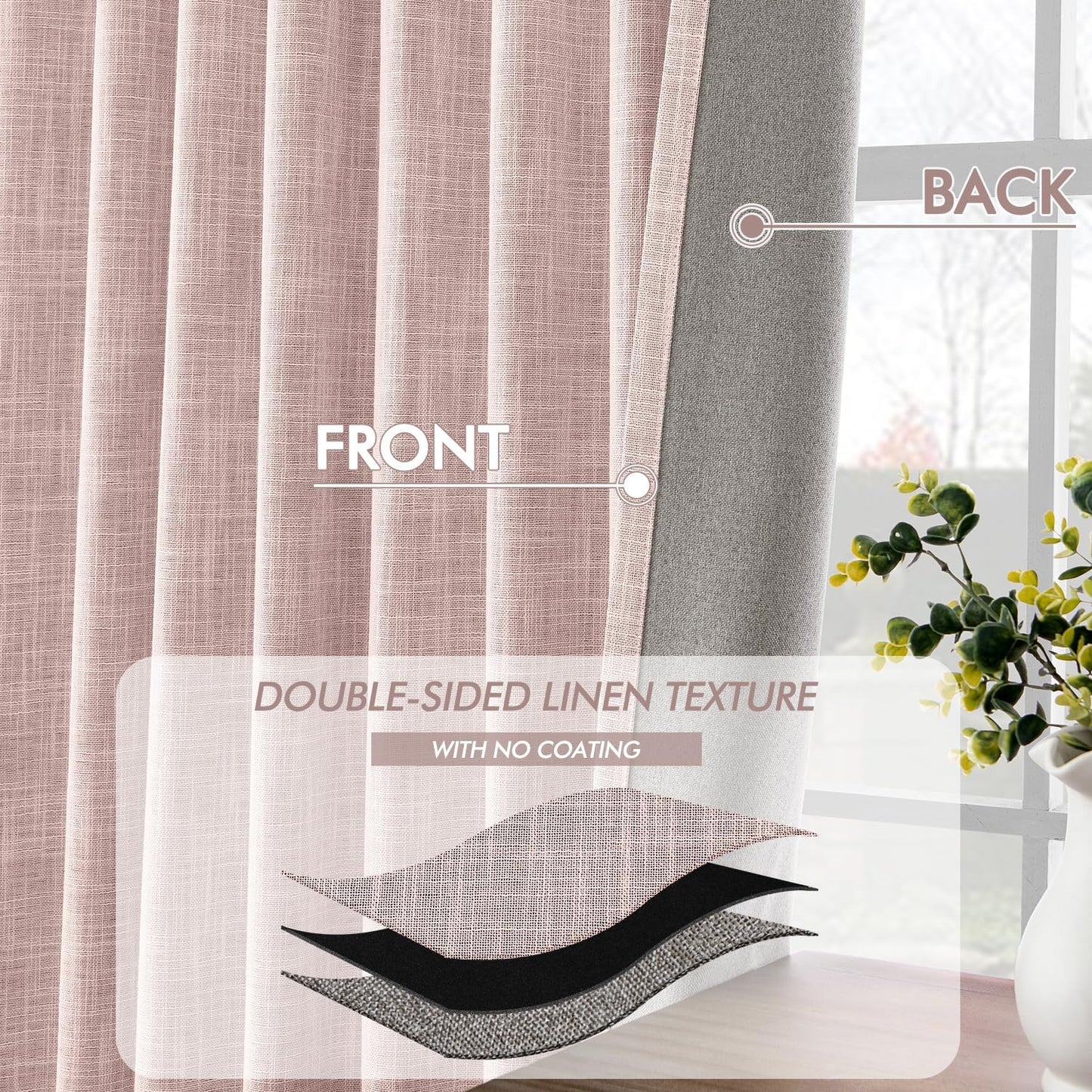 MIULEE Baby Pink 100% Blackout Linen Curtains 90 Inch 2 Panels Set Double Sided No Coating Pleated Back Tab Black Out Long Thermal Insulated Pinch Pleat Bedroom Living Room Darkening Window Drapes