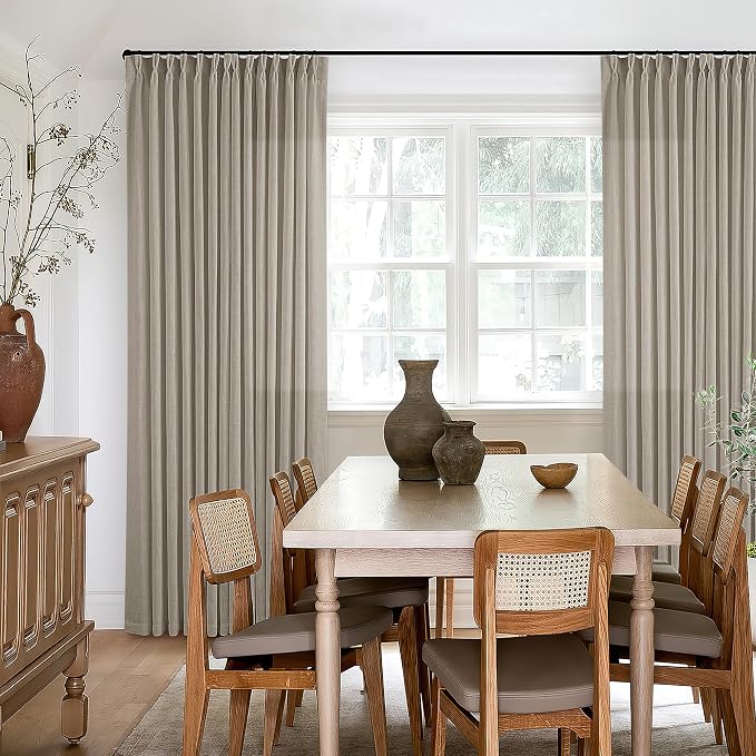Pinch Pleated Linen Curtains 112 Inches Long for Living Room 2 Panels Set Greyish Beige Flax Double Pleated Drapes Back Tab Farmhouse Ceiling Floor 112 Inch Window Curtains Bedroom Burlywood Birch