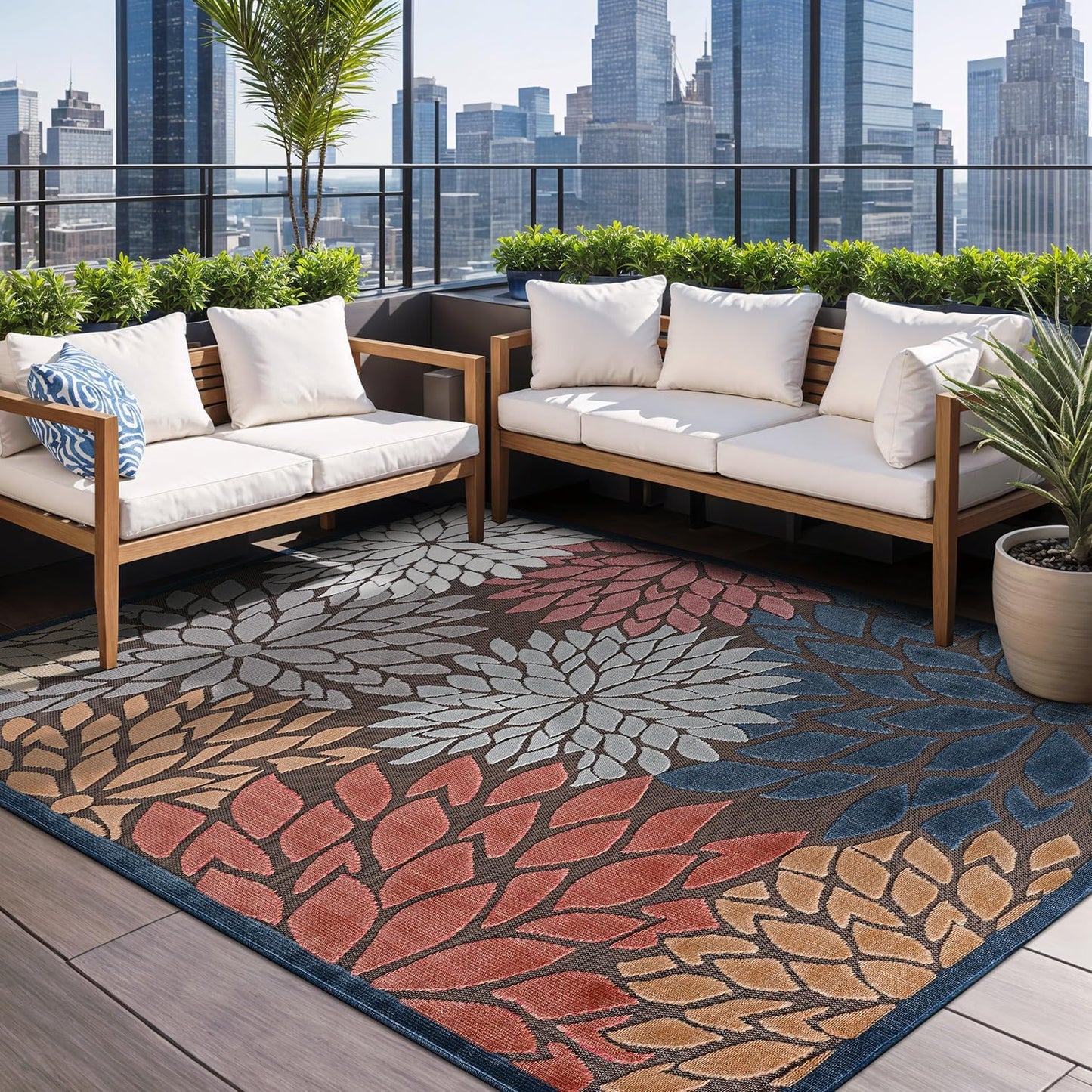 Beverly Rug Outdoor Rug 9x12 Large Modern Floral Tropical Area Rugs for Indoor and Outdoor Patio Easy to Clean Non Shedding Living Room Porch Garden Washable Outside Carpet (9 x 12 Brown)