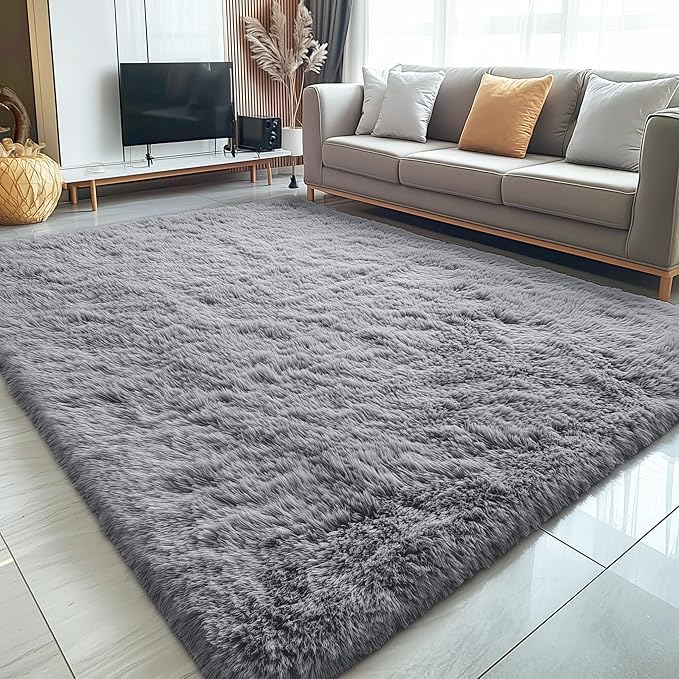 OLANLY 7x10 Machine Washable Large Area Rugs for Living Room, Bedroom, Soft Fluffy Shaggy Bedside Rug, Indoor Floor Carpet for Kids Girls and Boys, Dorms, Nursery, Home Decor Aesthetic, Light Grey